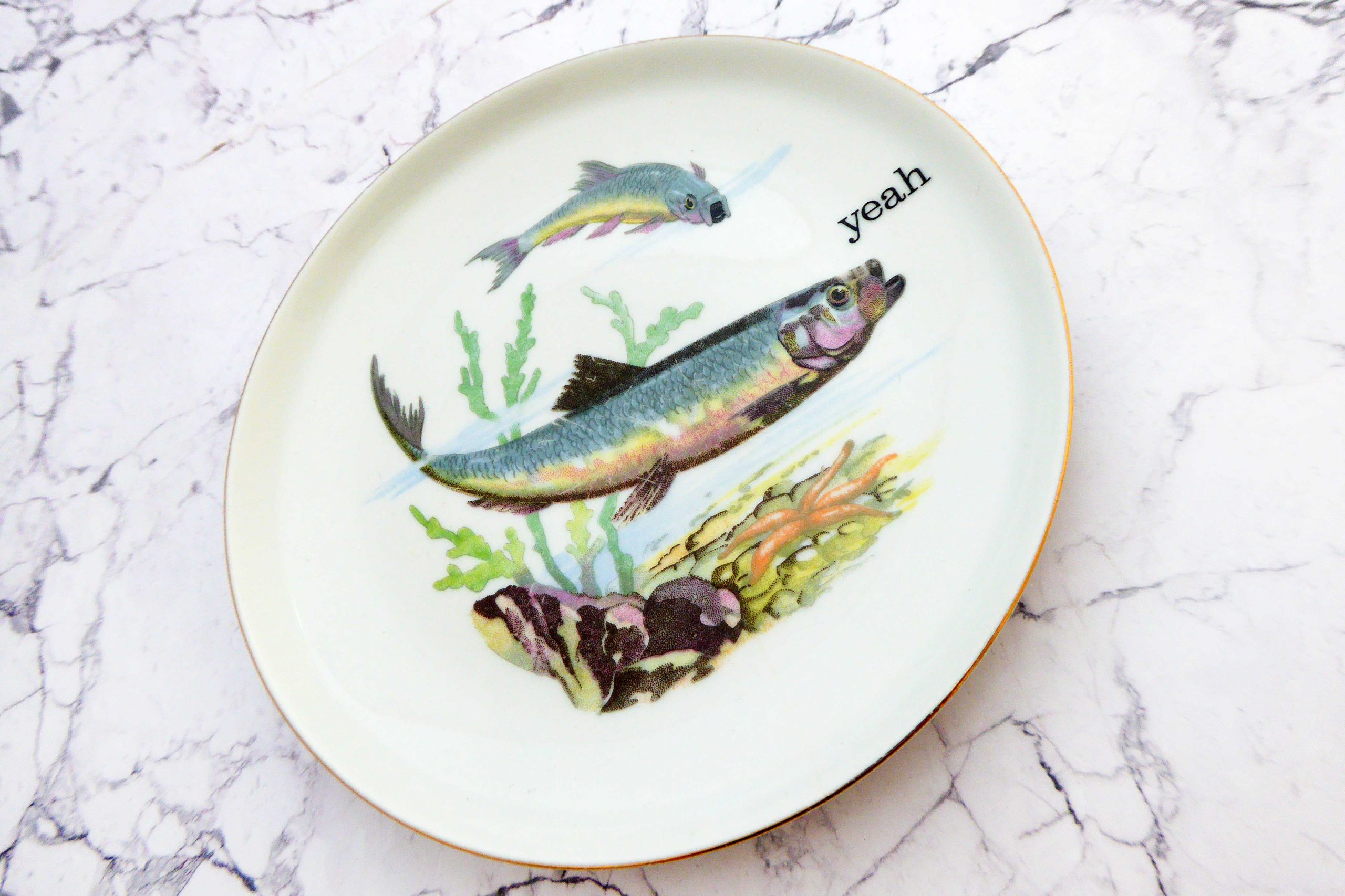 Wandteller Herr Fuchs Typo yeah 18cm Fisch gold Wohnen Meer vintage Grün Blau Fische – Bild 2