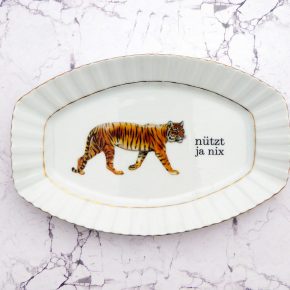 Wandteller Platte Herr Fuchs Typo nützt ja nix 28cm Tiger gold vintage Goldrand Riffel