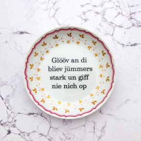 Wandteller Glööv an di Typo Herr Fuchs mini 14cm gold plattdeutsch Blumen rosa