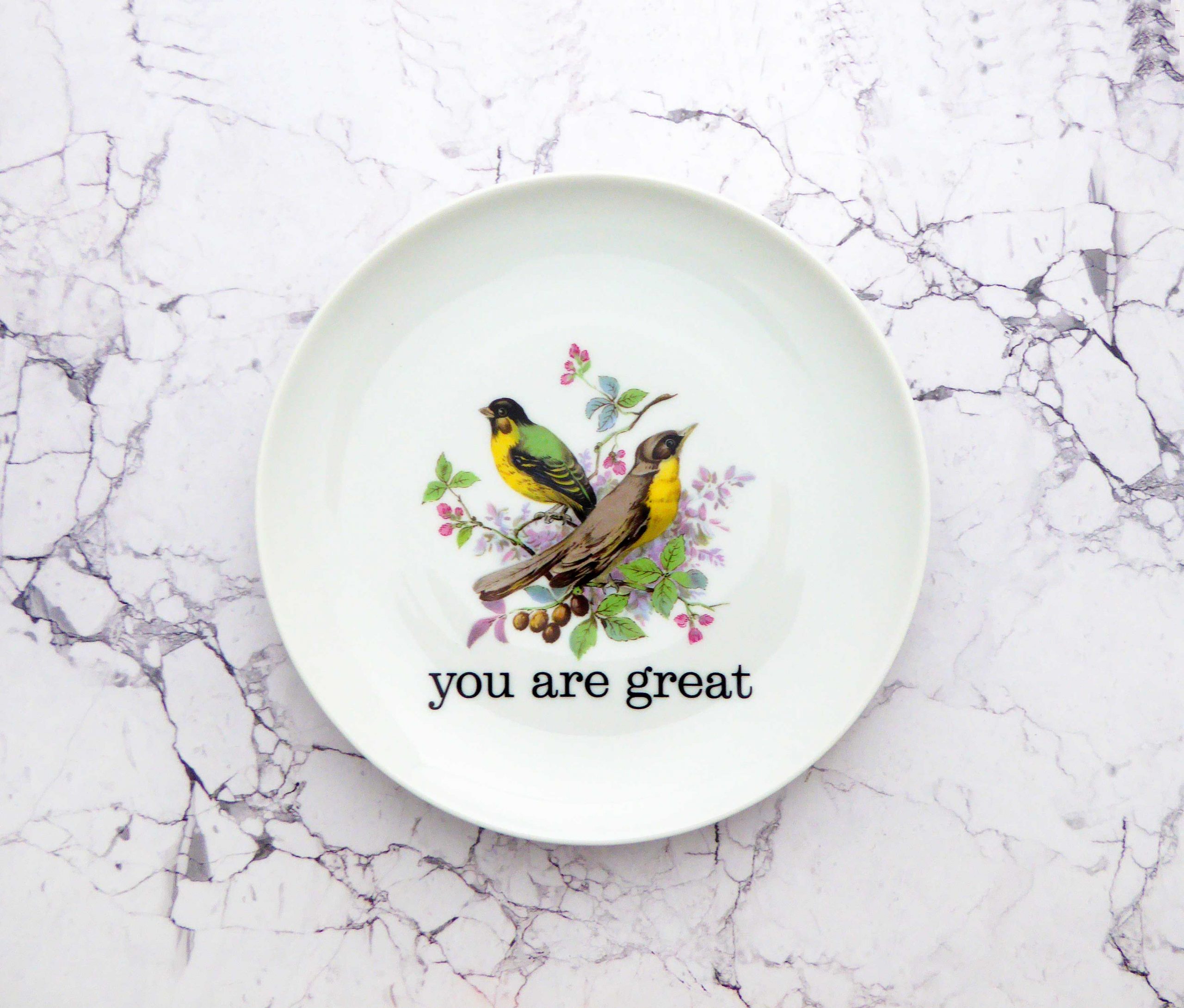 Wandteller Teller Herr Fuchs Typo you are great Vogel 19cm Vögel grün gelb