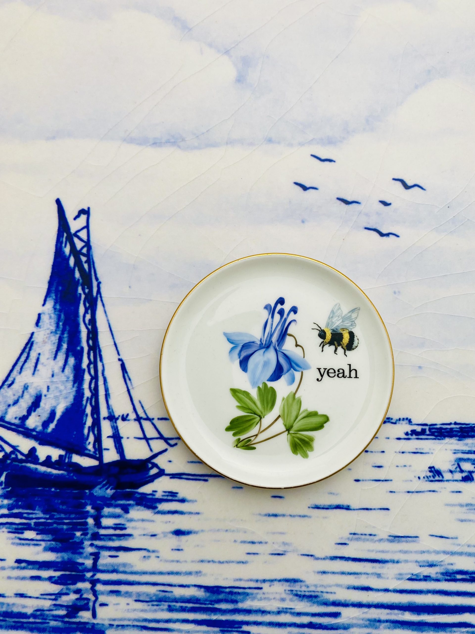 Wandteller Herr Fuchs yeah Typo Wohnen Blau Hummel mini 10cm vintage Blume