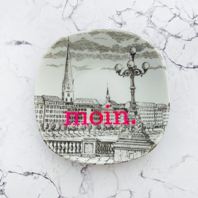 Wandteller Typo moin. vintage Herr Fuchs mini neonpink 13cm Alster Hamburg eckig