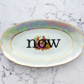 Wandteller Typo now irisierend Herr Fuchs  25cm vintage jetzt Regenbogen gold Gemälde