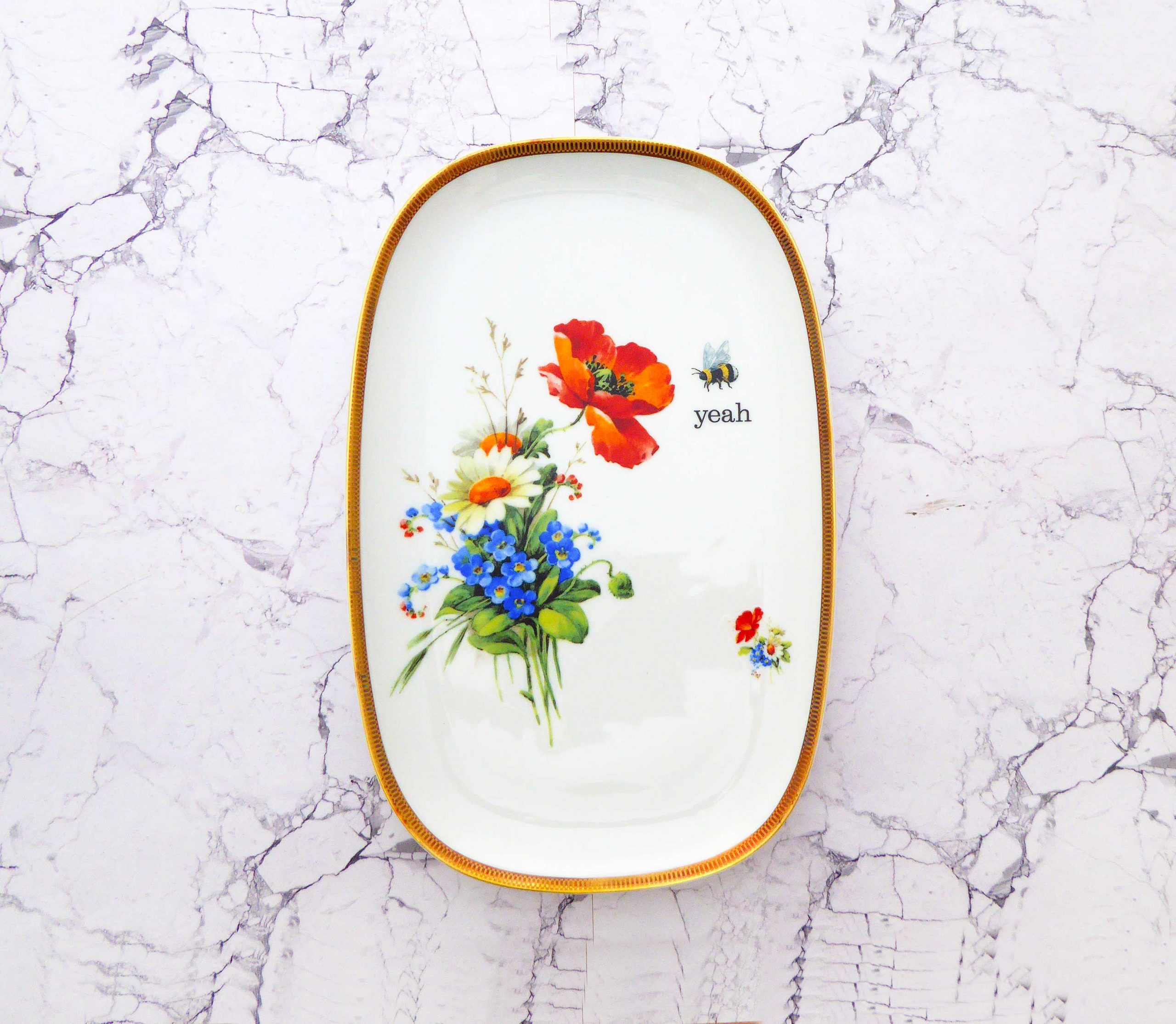 Wandplatte Herr Fuchs yeah Typo Wohnen Hummel 30cm vintage Blume Bunt Mohn gold