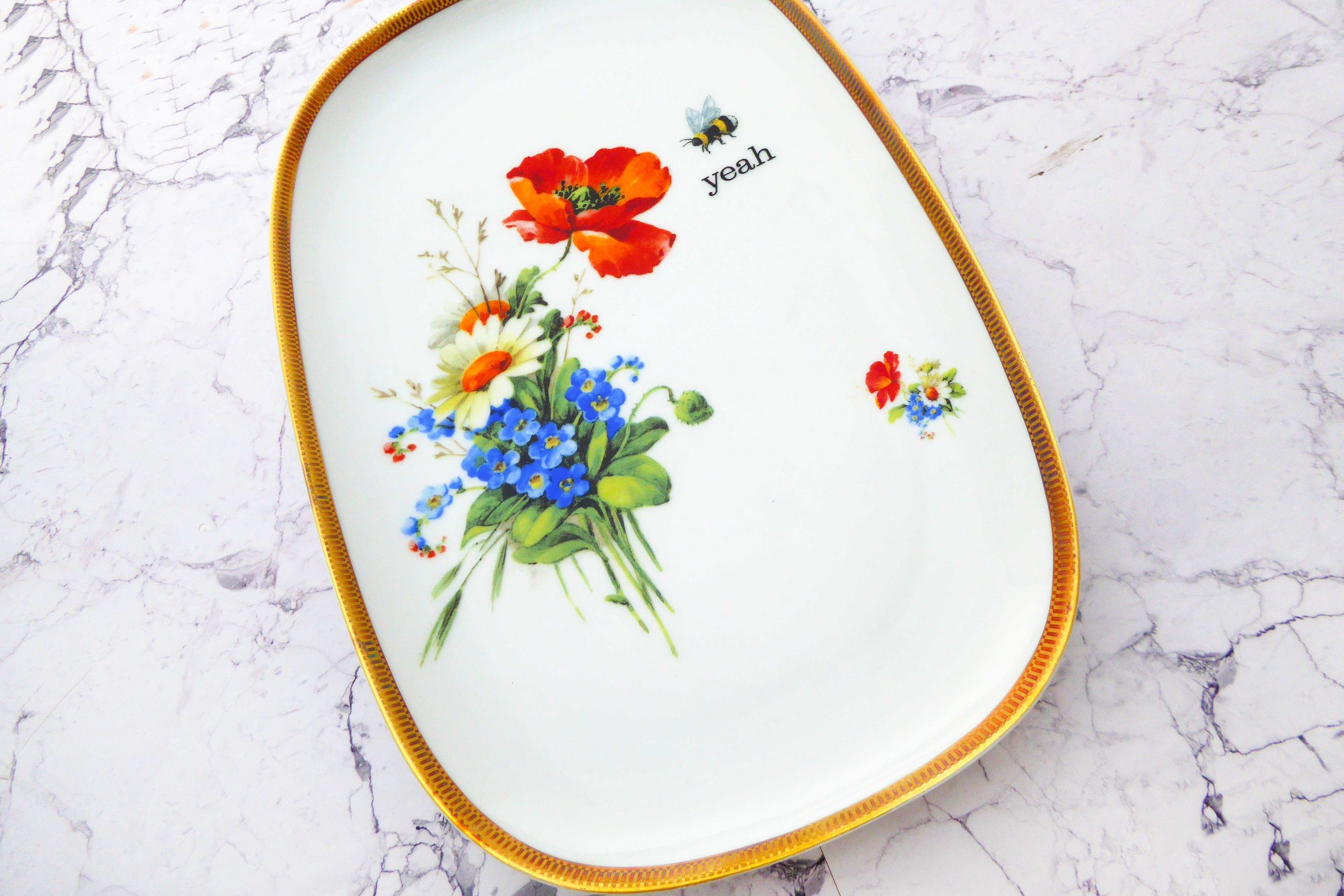 Wandplatte Herr Fuchs yeah Typo Wohnen Hummel 30cm vintage Blume Bunt Mohn gold – Bild 2
