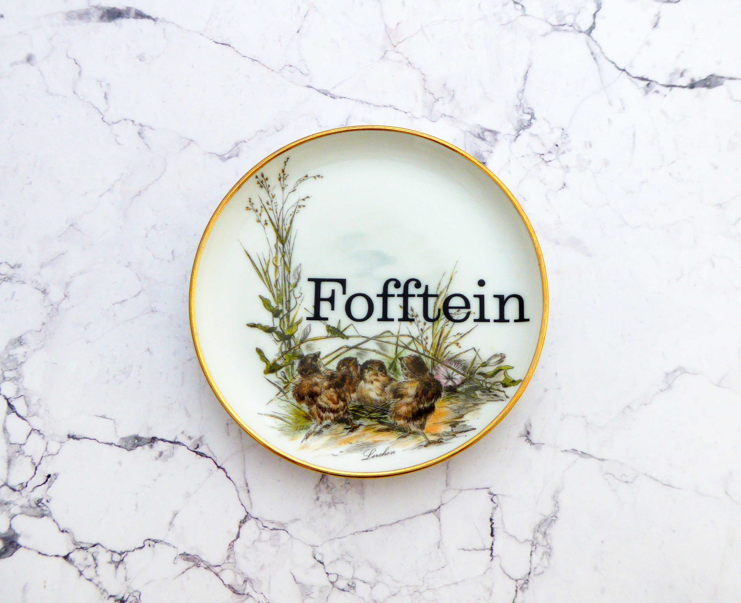 Wandteller Fofftein Typo Herr Fuchs mini 10cm gold plattdeutsch Gold Vogel vintage