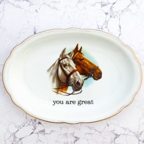 Wandteller Typo you are great Herr Fuchs Pferd 30cm gold Platte vintage Bögen Pferde