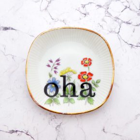 Wandteller oha Typo Herr Fuchs mini 11cm Blume bunt Schnack vintage Gold eckig