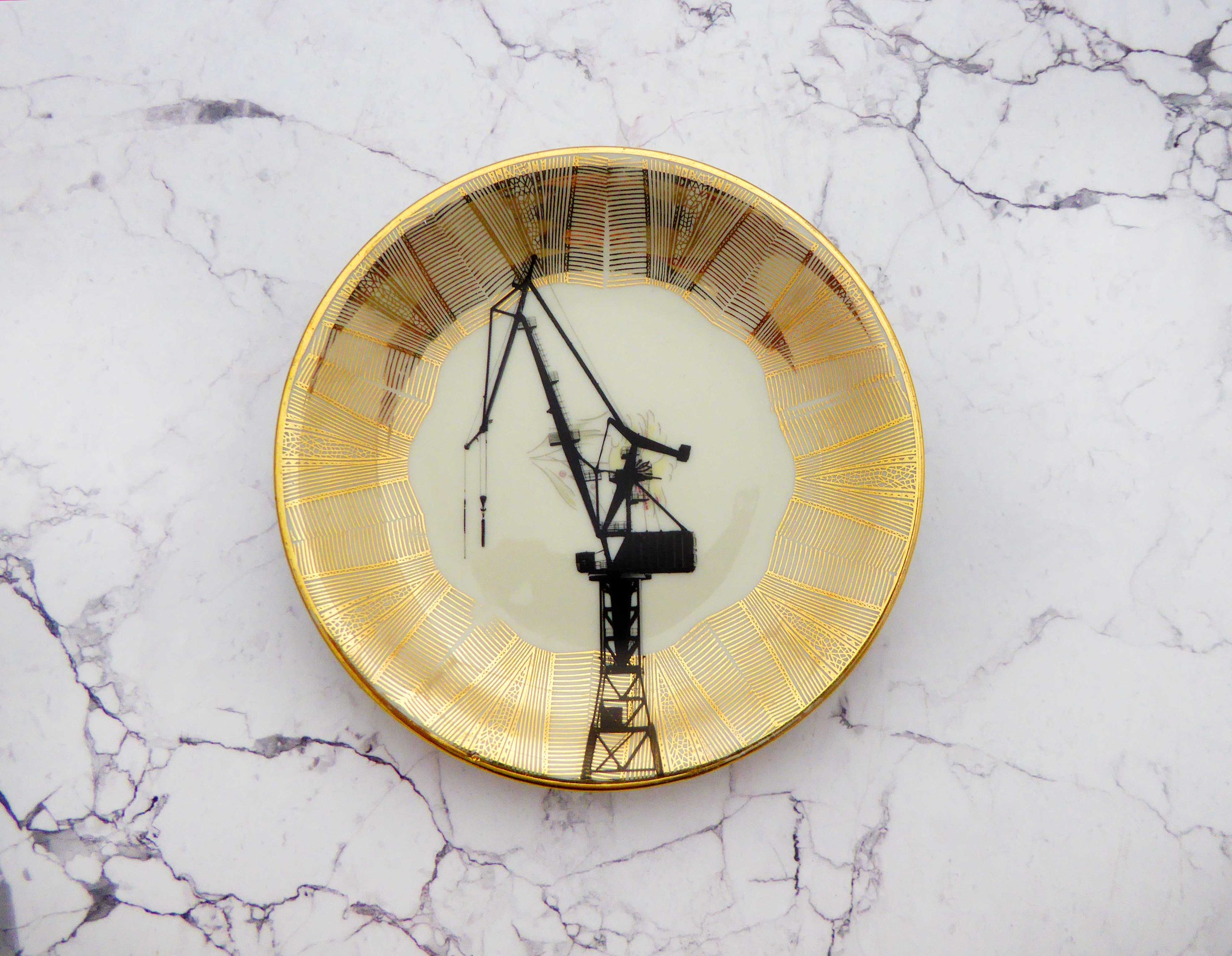 Wandteller Kran Hafen Dock 17 Gold vintage Herr Fuchs wohnen mini 12cm HH Hamburg