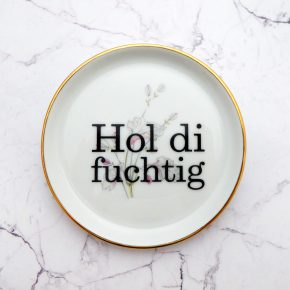 Wandteller Hol di fuchtig Typo Herr Fuchs mini 10cm Gold Blume plattdeutsch vintage