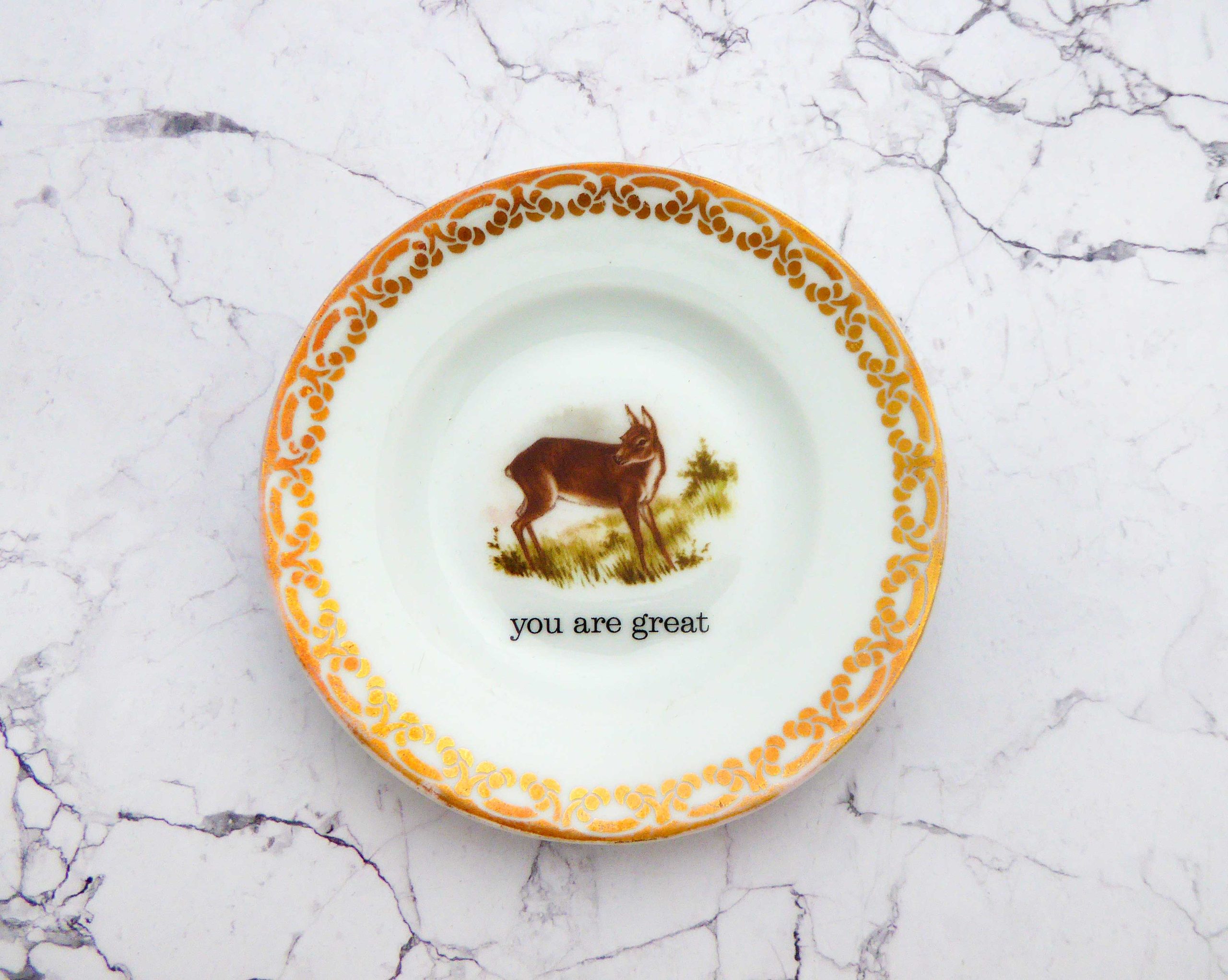 Wandteller Typo you are great Herr Fuchs Reh Wald 12cm mini vintage gold Muster