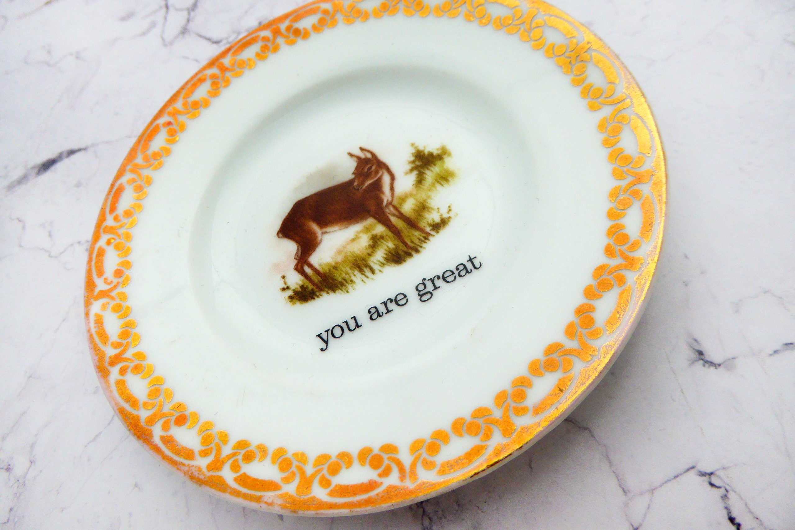 Wandteller Typo you are great Herr Fuchs Reh Wald 12cm mini vintage gold Muster – Bild 2