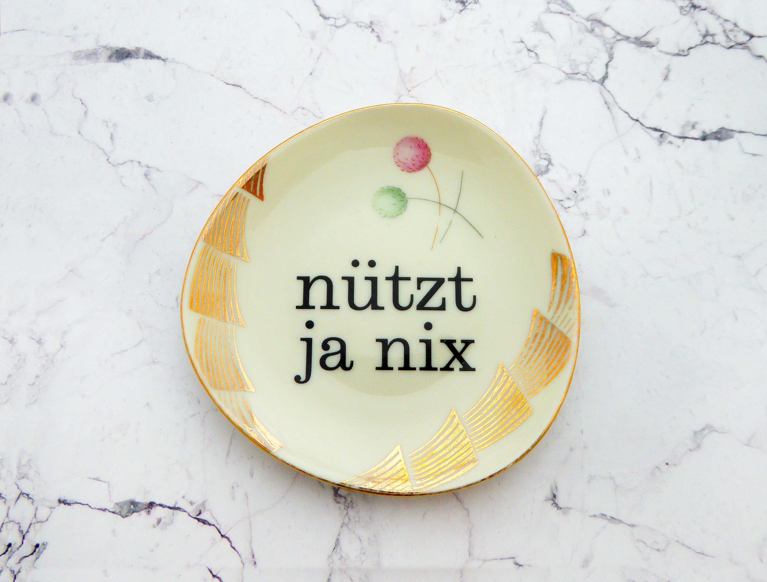 Wandteller Typo nützt ja nix Herr Fuchs mini 11cm Gold Muster Blumen vintage Muster oval
