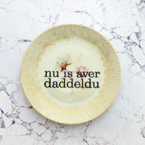 Wandteller daddeldu Typo Herr Fuchs 19cm plattdeutsch vintage Bunt Blumen Gold zart Streifen