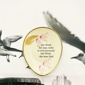 Wandteller Glück Typo Herr Fuchs mini 11cm gold rosa Koralle Punkte vintage plattdeutsch oval