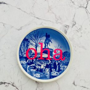 Wandteller Typo oha vintage Herr Fuchs mini 9cm Blau neonpink weiß Markt