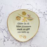 Wandteller Typo Glööv an di vintage Herr Fuchs Teller Gold plattdeutsch Blume Muster 19cm oval