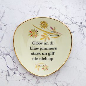 Wandteller Typo Glööv an di vintage Herr Fuchs Teller Gold plattdeutsch Blume Muster 19cm oval