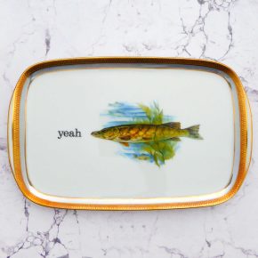 Wandplatte Herr Fuchs Typo yeah 25cm Fisch gold Wohnen Meer vintage Hecht blau eckig