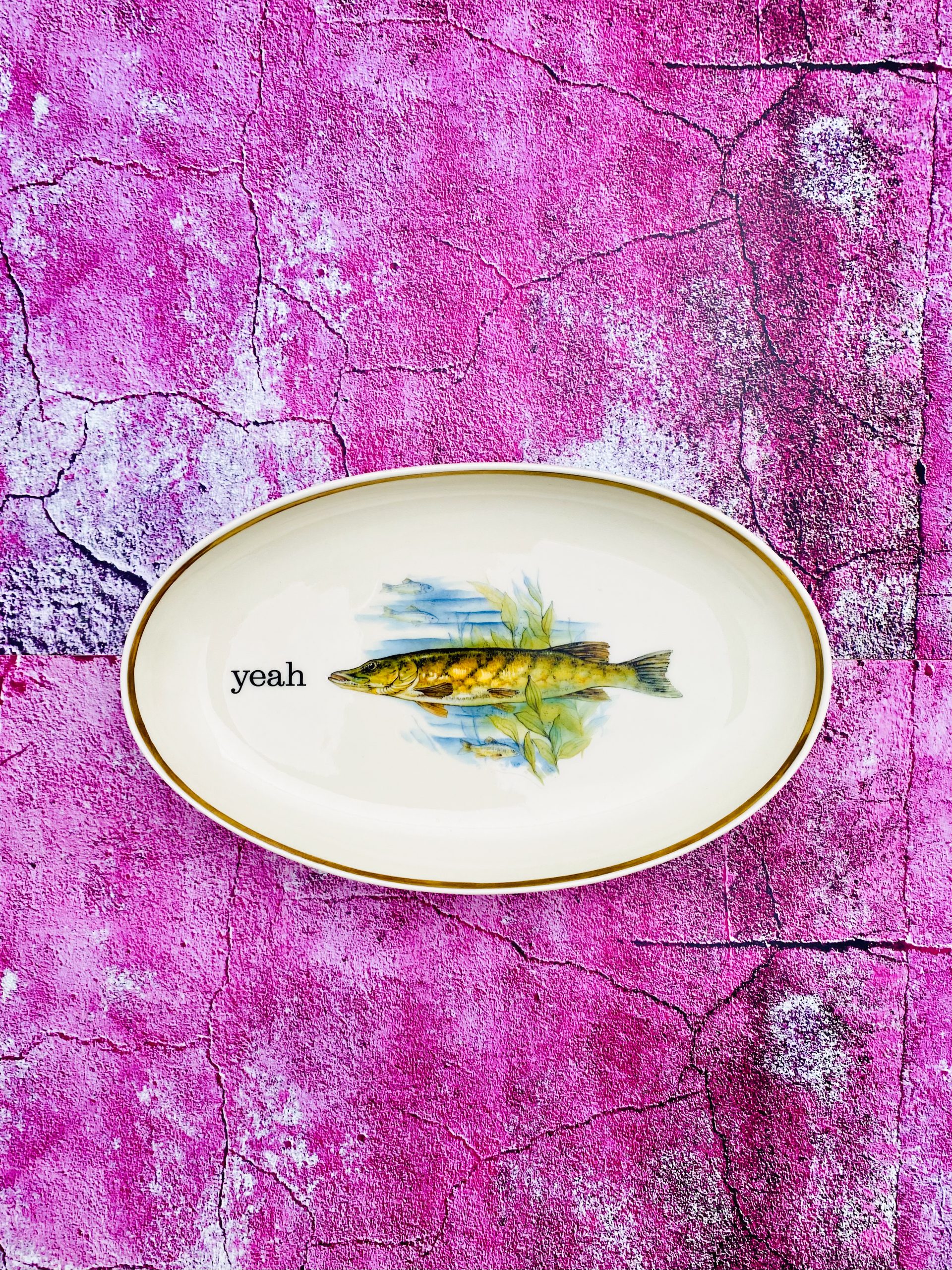 Wandplatte Herr Fuchs Typo yeah 23cm Fisch gold Wohnen Meer vintage Hecht Wandteller – Bild 2