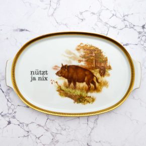 Wandteller Platte Herr Fuchs Typo nützt ja nix 22cm Wildschwein gold vintage Muster