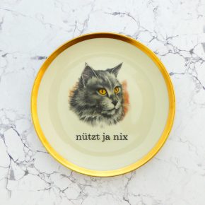 Wandteller Typo nützt ja nix  vintage Herr Fuchs Teller Katze 19cm Gold wohnen
