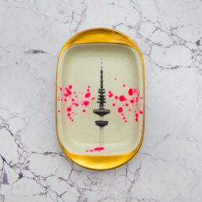Wandteller Platte Herr Fuchs Hamburger Fernsehturm Neon Kleckse Punkte 18cm Pink Gold
