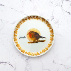 Wandteller Herr Fuchs yeah Typo Wohnen Vogel mini  Rotkelchen  9cm vintage Robin Gold Kranz