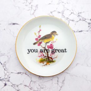 Wandteller Teller Herr Fuchs Typo you are great Vogel 16cm Blume rosa gelb vintage